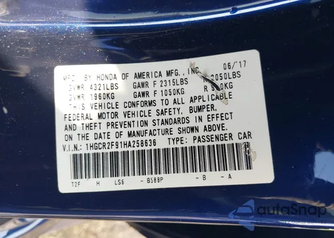 2017 Honda Accord Ex-L from USA, damaged, VIN 1HGCR2F91HA258636